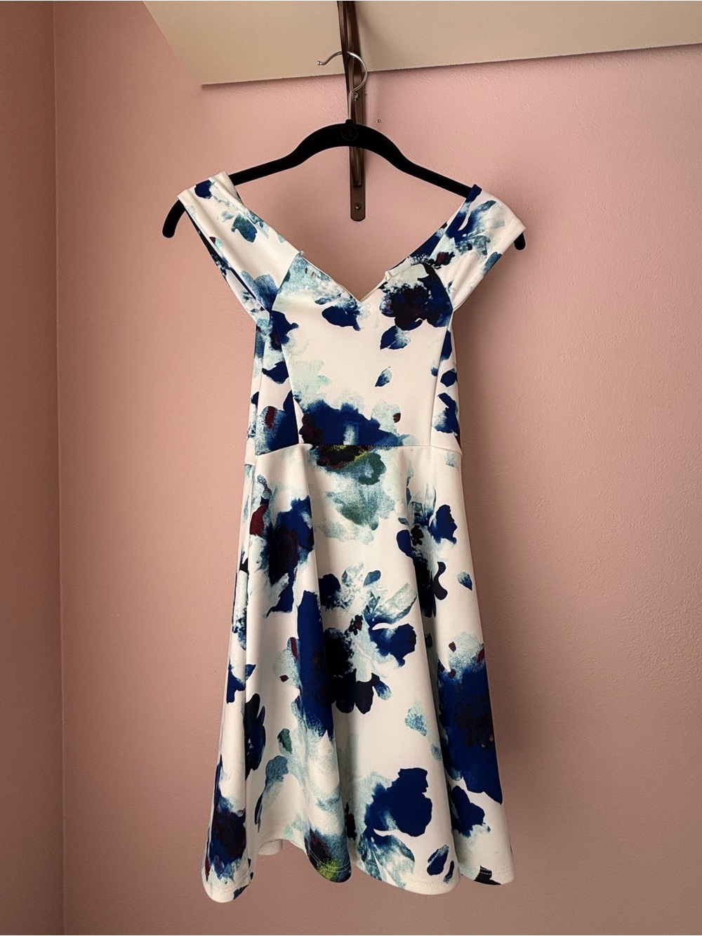 Off-Shoulder White Dress with Blue Floral Print